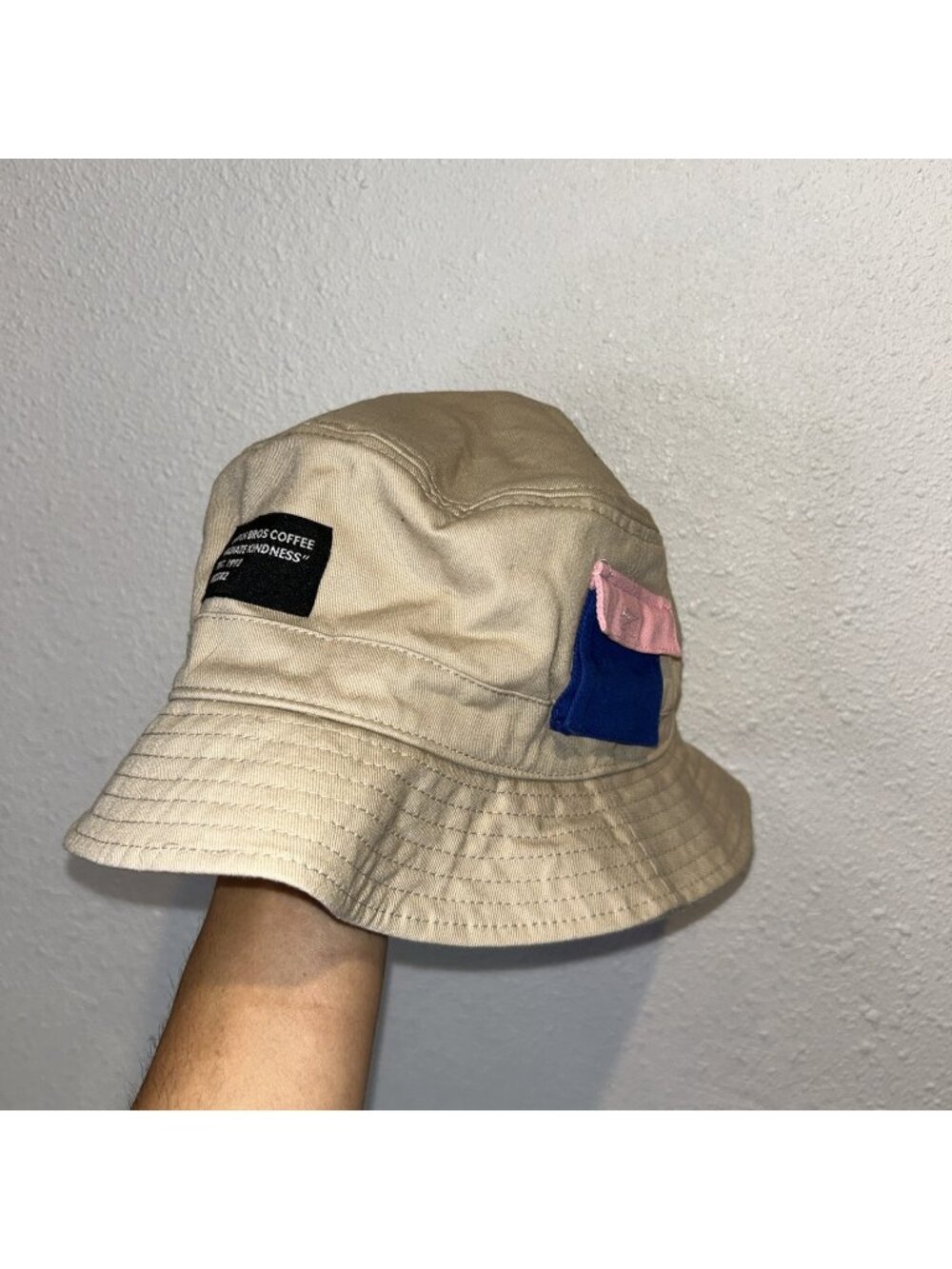 Dutch Bros Coffee Radiate Kindness Bucket Hat Tan Pink Blue Cotton OS Pocket